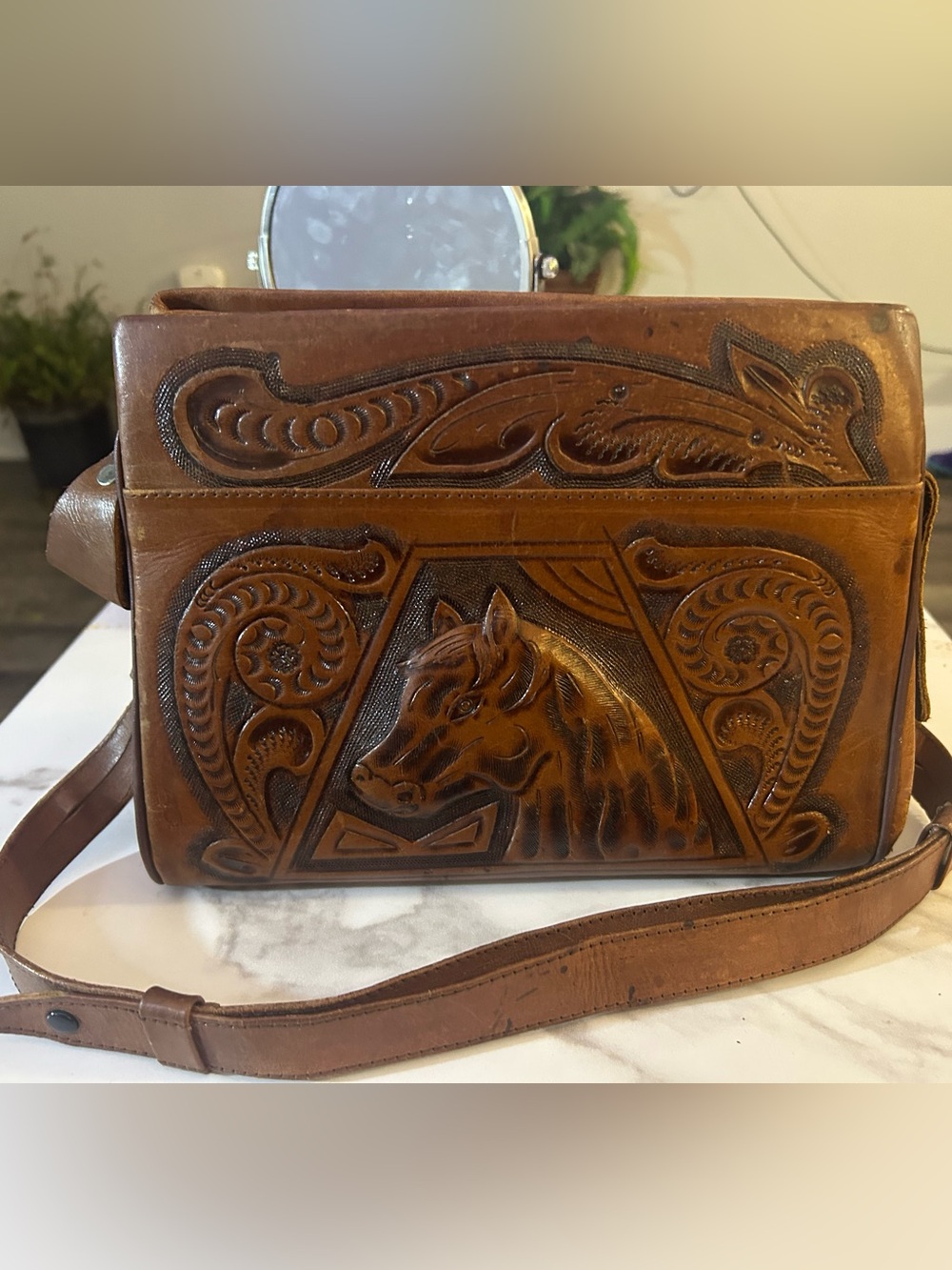 Vintage GAITAN Mexico Hand Tooled Leather Box Bag – Excellent Condition Horse Mo